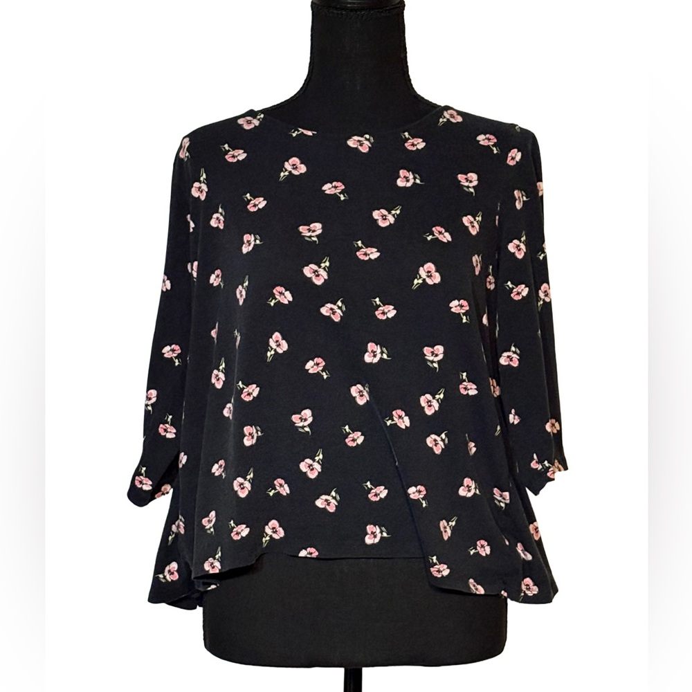 🌸 J. Jill Mixed Media Top M Petite – Knit Floral + Woven Polka Dot, 3/4 Sleeve